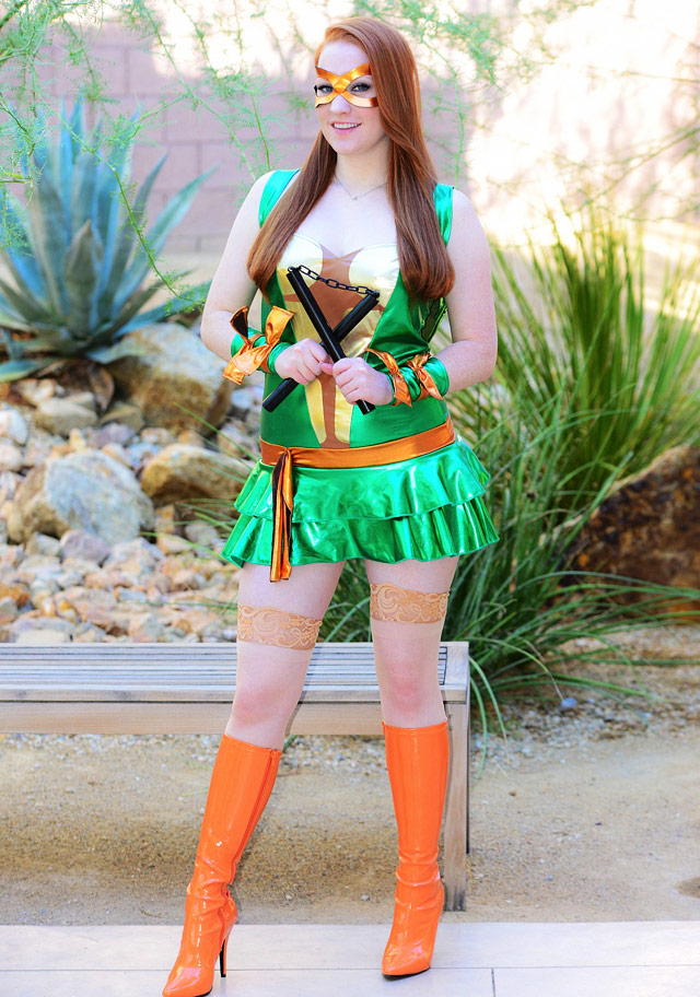 Lucy O'Hara naughty Ninja Turtle power costume for Halloween.