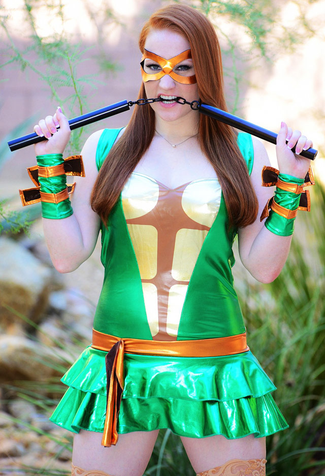 Lucy O'Hara naughty Ninja Turtle power costume for Halloween.