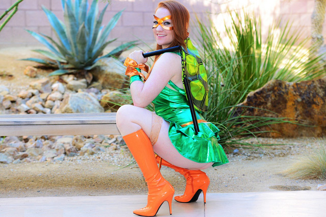 Lucy O'Hara naughty Ninja Turtle power costume for Halloween.
