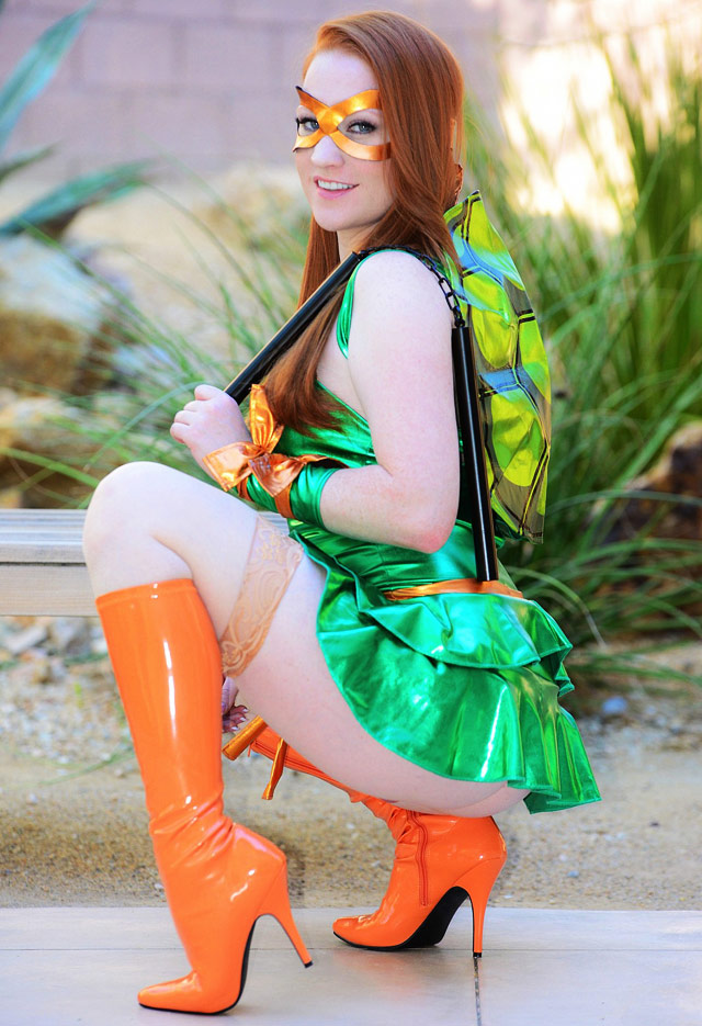 Lucy O'Hara naughty Ninja Turtle power costume for Halloween.