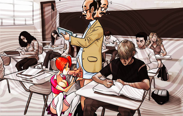 Professor Pinkus adult comic redhead schoolgirl blows teacher in class.