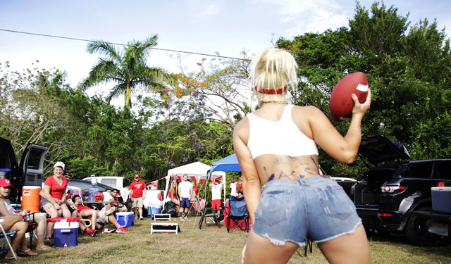 Tailgate college football party gets crazy! Tits, flashing, horny coach, coeds sex party.