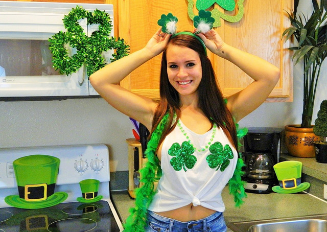 Hot busty GF Brooke St. Patricks's Day pictures getting pussy licked & flashing big natural boobs!