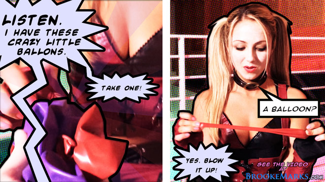 Brooke Marks as Harley Quinn in adult comic "Sex Tape Fail" with The Joker xxx in balloon popping fetish porn & striptease.