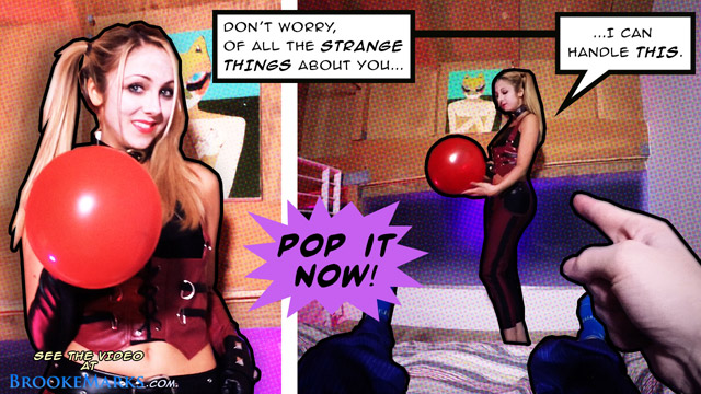 Brooke Marks as Harley Quinn in adult comic "Sex Tape Fail" with The Joker xxx in balloon popping fetish porn & striptease.