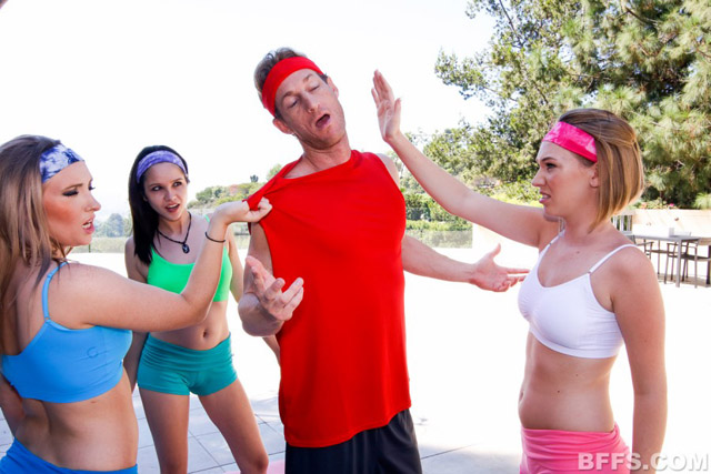 BFFs yoga class catches horny guy spying & fucks sporty teens Iggy Amore, Harley Jade & Mercury Edwards.