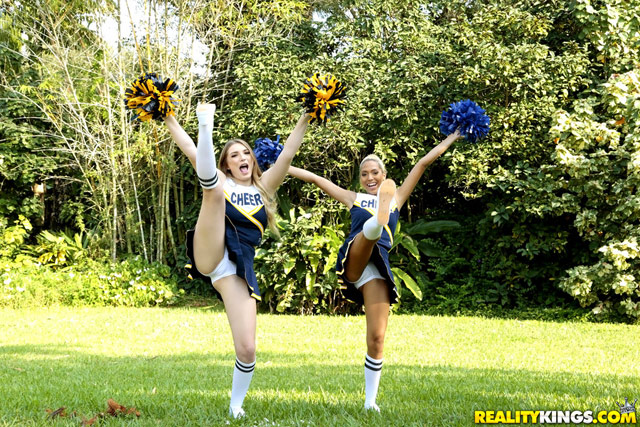 Selena Sosa & Amber Grey lesbian cheerleaders, upskirt panties, scissoring & girl on girl sex.