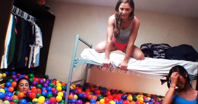 Wild coeds turn dorm room into giant ball pit for sex party!