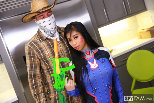 Jade Kush Halloween costume as DVa from Overwatch gets creampie from her Stepbrother cowboy porn in SpyFam fetish porn 4K sex.