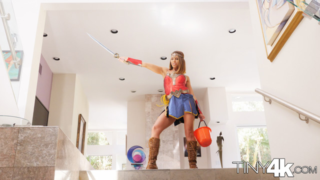 Petite superhero slut Wonder Woman Adriana Chechik trick or treating for cock and cum pussy creampie Tiny 4K porn.