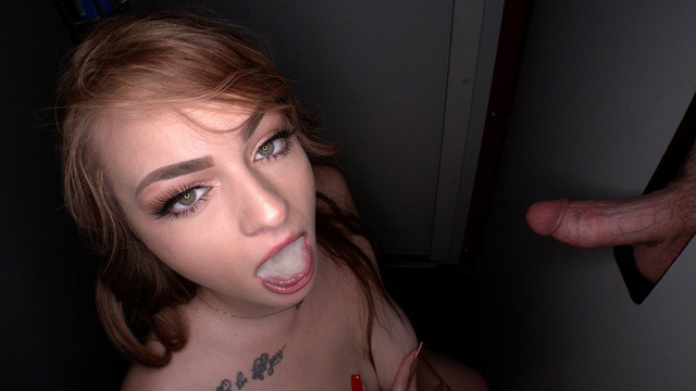 Redhead busty babe gloryhole blowjobs big dick cum swallowing NSA oral sex real amateur slut fucked in adult video store gangbang creampie from strangers and interracial 4K xxx.