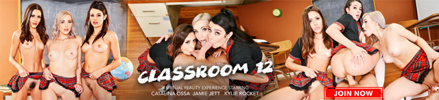 Classroom 12 Naughty America VR virtual reality schoolgirl foursome Catalina Ossa, Jamie Jett, Kylie Rocket VR xxx.