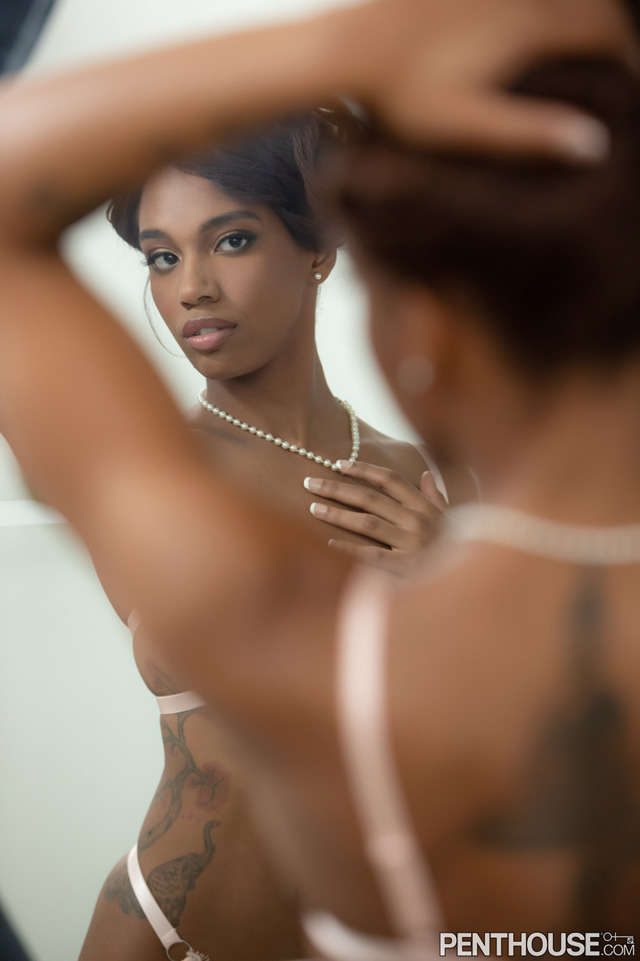 Lacey London Penthouse Pet March 2021 stunning Black babe in lingerie and lace in nude pictorial as potm.