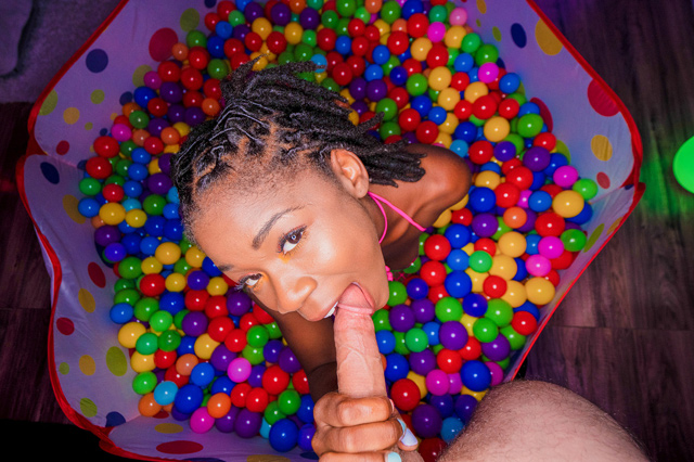 Sexy all natural Black teen babe Hazel Gracce pink lingerie fishnets ball pit blowjob hot 4K sex 4 cumshots with Mr. Lucky POV!