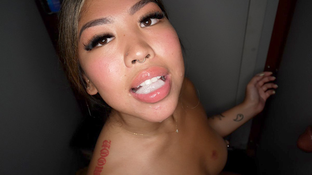 Hot Asian college girl gloryhole cum swallowing blowjobs gangbang sex with strangers while boyfriend watches in Gloryhole Swallow 4K real GH videos.