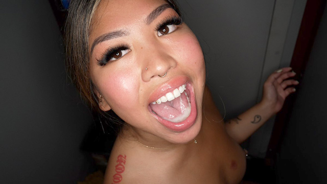 Hot Asian college girl gloryhole cum swallowing blowjobs gangbang sex with strangers while boyfriend watches in Gloryhole Swallow 4K real GH videos.