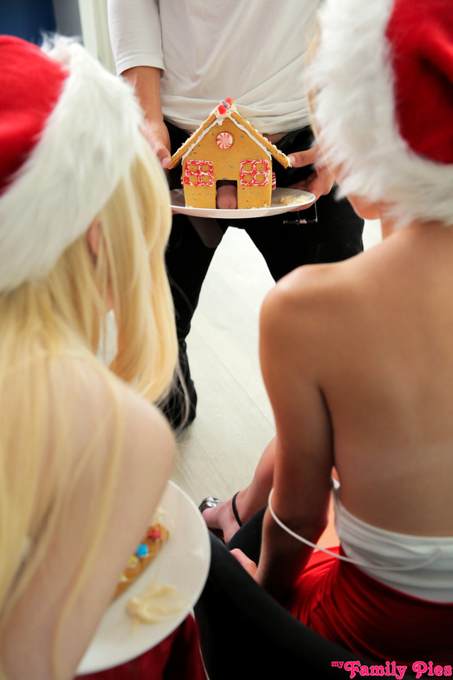 Slutty stepsister Alicia Williams fucks stepbro in Christmas threesome with neighbor Celestina Bloom while building gingerbread houses in Family Pies creampie porn.