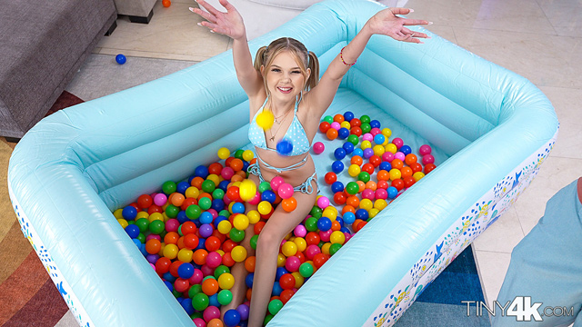 Petite blonde pigtail teen Coco Lovelock flexible ball pit sex Tiny 4K xxx porn.