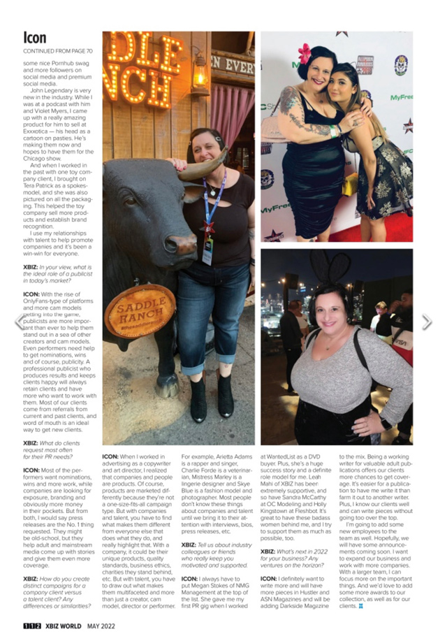 Erika Icon from The Rub PR featured as XBIZ WIA Woman of the Month in the May 2022 issue of XBIZ magazine.