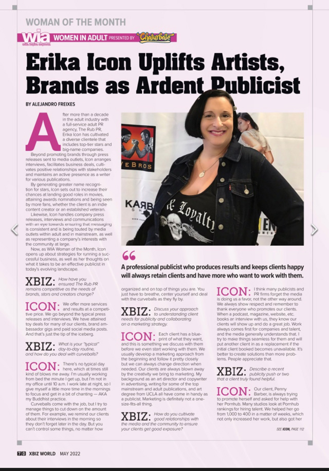 Erika Icon from The Rub PR featured as XBIZ WIA Woman of the Month in the May 2022 issue of XBIZ magazine.