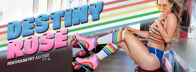 Destiny Rose Penthouse Pet of the Month July 2022 rainbow rollergirl in rollerskates in Diner, Polish model nude & naked as the POTM.