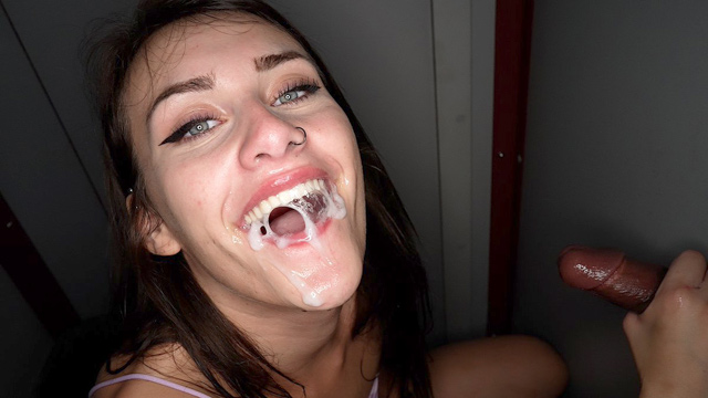 Amateur brunette hottie gloryhole blowjobs, cum swallowing and gangbang in adult video store porn theater room from strangers in wild unscripted xxx 4K from Gloryhole Swallow!