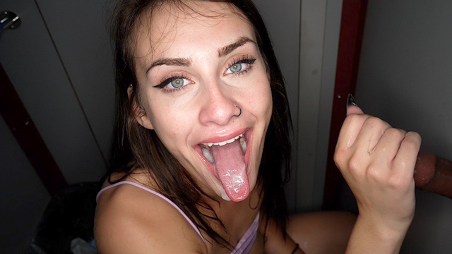 Amateur brunette hottie gloryhole blowjobs, cum swallowing and gangbang in adult video store porn theater room from strangers in wild unscripted xxx 4K from Gloryhole Swallow!