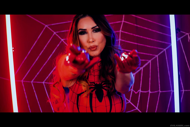 Kianna Dior spider girl parody for Halloween 2022 double blowjob facial Jonni Darkko & Jay Smooth in Evil Angel.