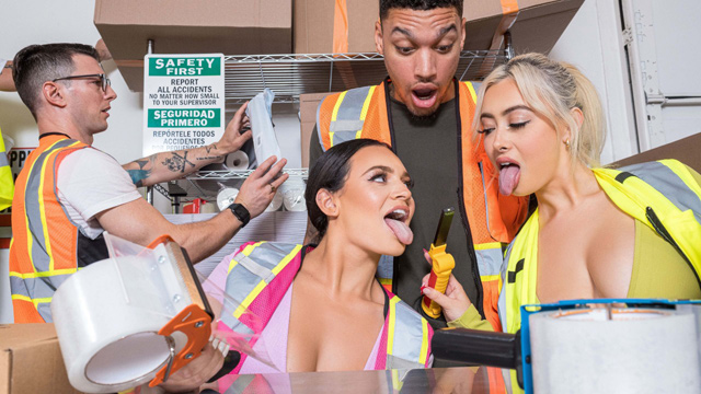 Working Girls Chloe Surreal & Lexi Samplee orgy sex wild big boob babes fucking at work in public at warehouse Brazzers threesome.