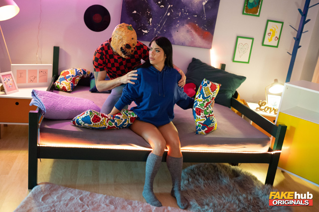 Busty hot college babe Megan Fiore housemates Halloween prank hottie watching scary movies masturbates fucked by roomie Max Dior as scarecrow anal sex Fake Hub Originals.