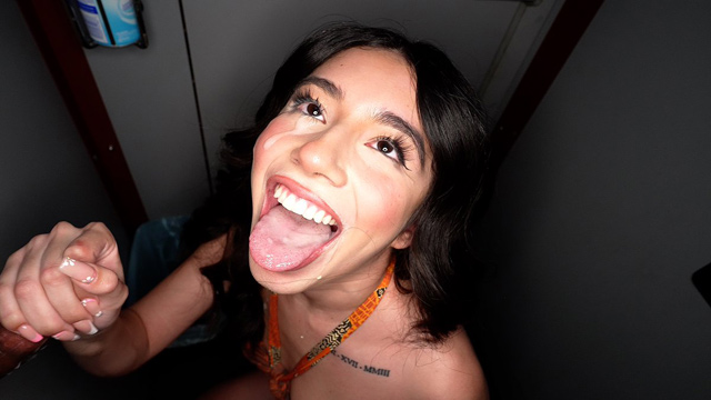 Petite cute Latina teen gloryhole cum swallowing bareback creampie sex with strangers with cumshot in eyes in interracial 4K fetish porn from Gloryhole Swallow.