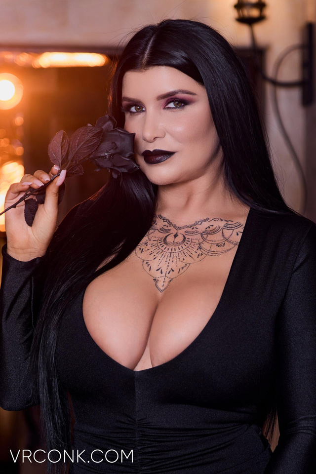 Romi Rain as Morticia Addams in A Wednesday Porn Parody with big boobed goth mommy in virtual reality sex with the teacher in VR Conk in 8K VR as seen on Porn Corporation!