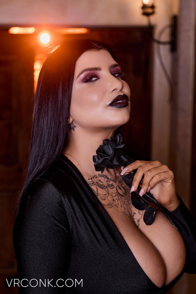 Romi Rain as Morticia Addams in A Wednesday Porn Parody with big boobed goth mommy in virtual reality sex with the teacher in VR Conk in 8K VR as seen on Porn Corporation!