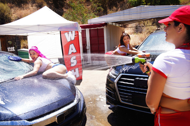 Lily Lou & Nicole Doshi public lesbian sex in a car and tent at the college car wash rivals in When Girls Play hot girl on girl sex in Twistys as seen on Porn Corporation.
