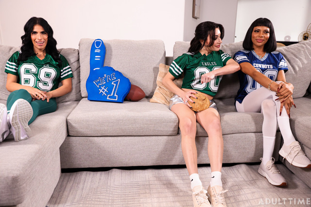 Oopsie Game Day Grind starring Ariel Demure, Lola Morena & Avery Lust in SuperBowl porn in a football themed Trans threesome from Adult Time as seen on Porn Corporation.
