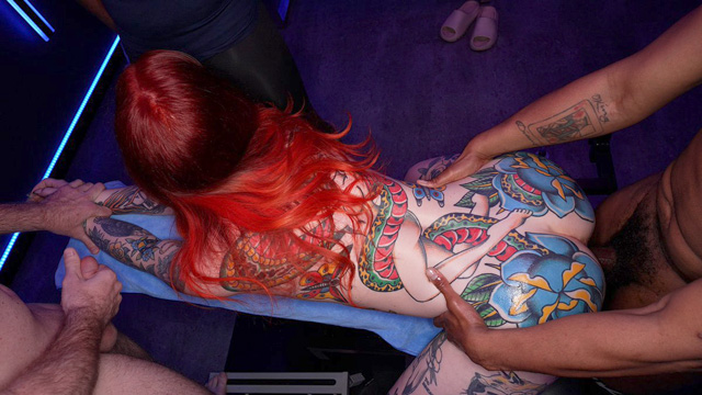 Tattooed redhead model LetLovelessLive in her first gangbang in hardcore group sex with interracial big dick creampies in tattoo porn from Cumpsters as seen on Porn Corporation.