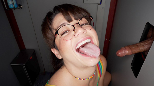 Petite cute babe Mochi Mona returns to Gloryhole Swallow for interracial sex, cum swallowing blowjobs, creampies as this cute glasses girl sucks cock in GHS as seen on Porn Corporation.