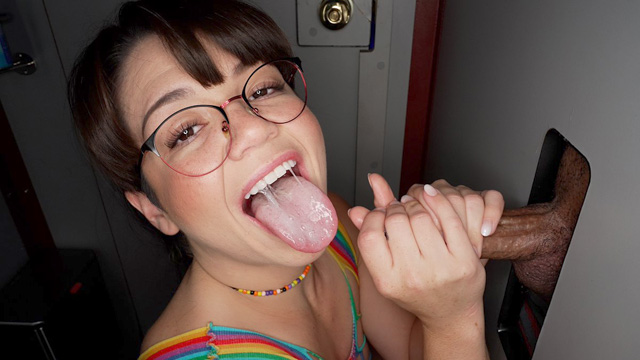 Petite cute babe Mochi Mona returns to Gloryhole Swallow for interracial sex, cum swallowing blowjobs, creampies as this cute glasses girl sucks cock in GHS as seen on Porn Corporation.