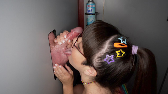Petite cute babe Mochi Mona returns to Gloryhole Swallow for interracial sex, cum swallowing blowjobs, creampies as this cute glasses girl sucks cock in GHS as seen on Porn Corporation.