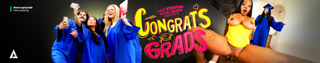 Congrats Grads public college graduation party threesome porn with Lily Starfire, Alona Bloom & Scotty P. in public sex and nudity with hot coeds from Adult Time featured on Porn Corporation.