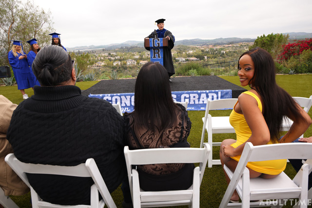 Congrats Grads public college graduation party threesome porn with Lily Starfire, Alona Bloom & Scotty P. in public sex and nudity with hot coeds from Adult Time featured on Porn Corporation.