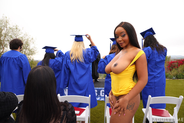 Congrats Grads public college graduation party threesome porn with Lily Starfire, Alona Bloom & Scotty P. in public sex and nudity with hot coeds from Adult Time featured on Porn Corporation.