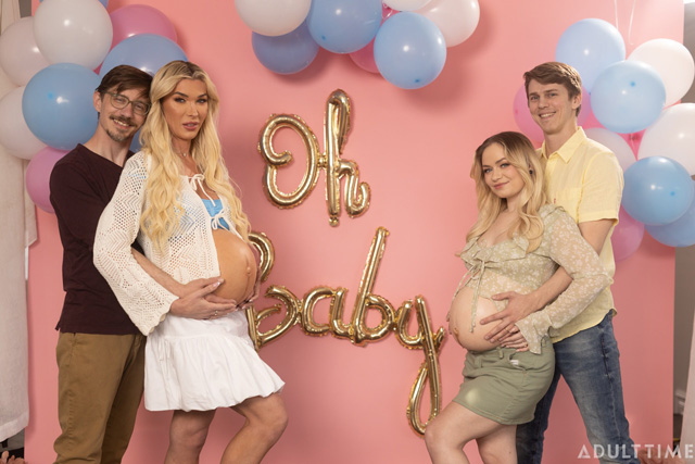 Preggo World fake pregnant porn preggo Trans Aubrey Kate with Rylee Blake and Sage Roux in threesome in Showered in Love from Adult Time as seen on Porn Corp.
