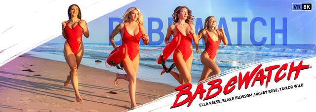 Babewatch Baywatch XXX porn parody at Malibu beach lifeguard porn starring Blake Blossom, Hailey Rose, Ella Reese, Taylor Wild and Max Fills in wild beach sex orgy fivesome in VR Bangers as seen on Porn Corporation.